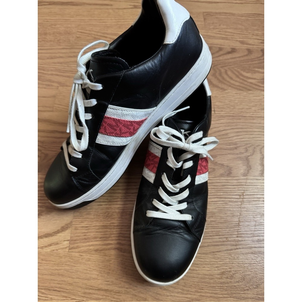 Michael Kors Black Leather Sneakers White Red MK Logo Stripe Trainers Womens 10M